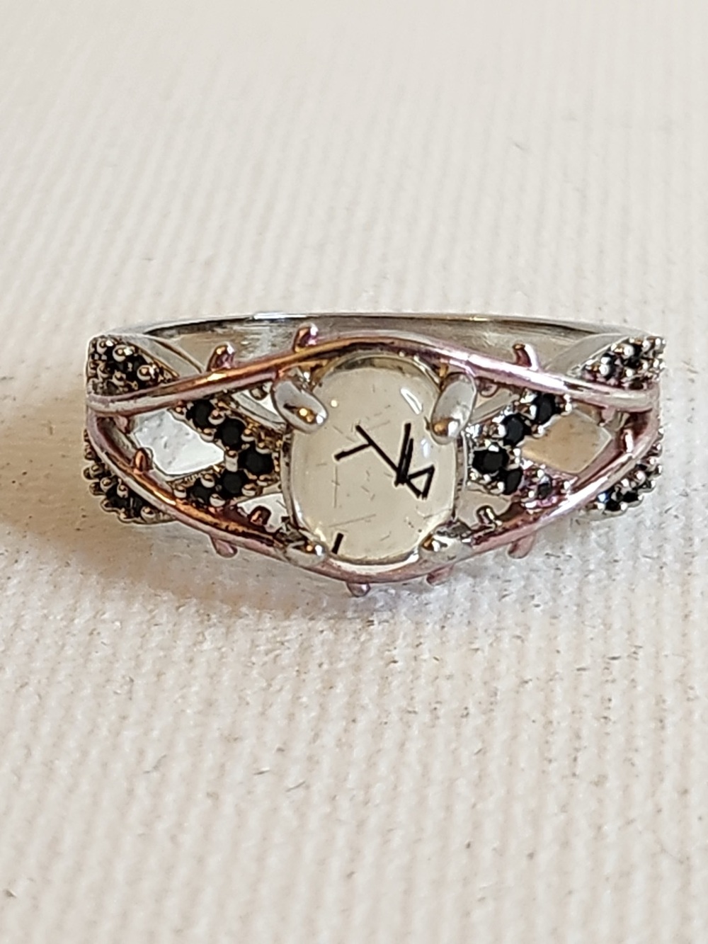 Silvertone Rutilated Quartz Clear Black Streaks Oval Cocktail Ring Size 7-3/4
